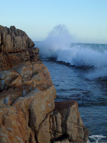 Waves breaking along the shore in Kleinmond